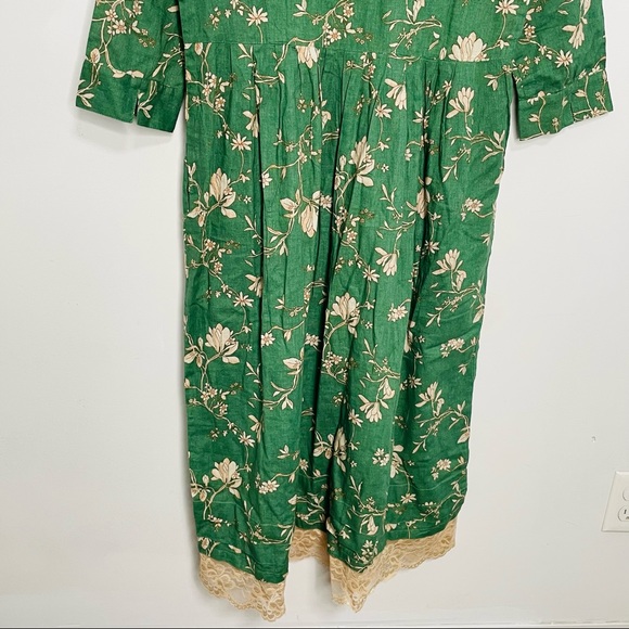 VINTAGE | Floral Cottage Core Long Sleeve Lace Hem Button Down Midi Dress - Picture 4 of 9